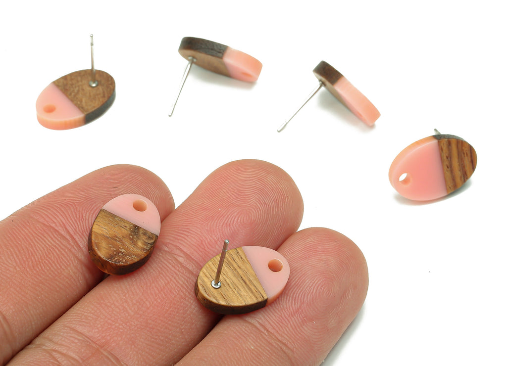 Natural Wooden Oval Earring Stud - Walnut Wood Pink Resin Ellipse Earring Post - 316 Stainless Steel Stud - 15.6x10.23x2.42mm - BB1258G - DOMEDBAZAAR