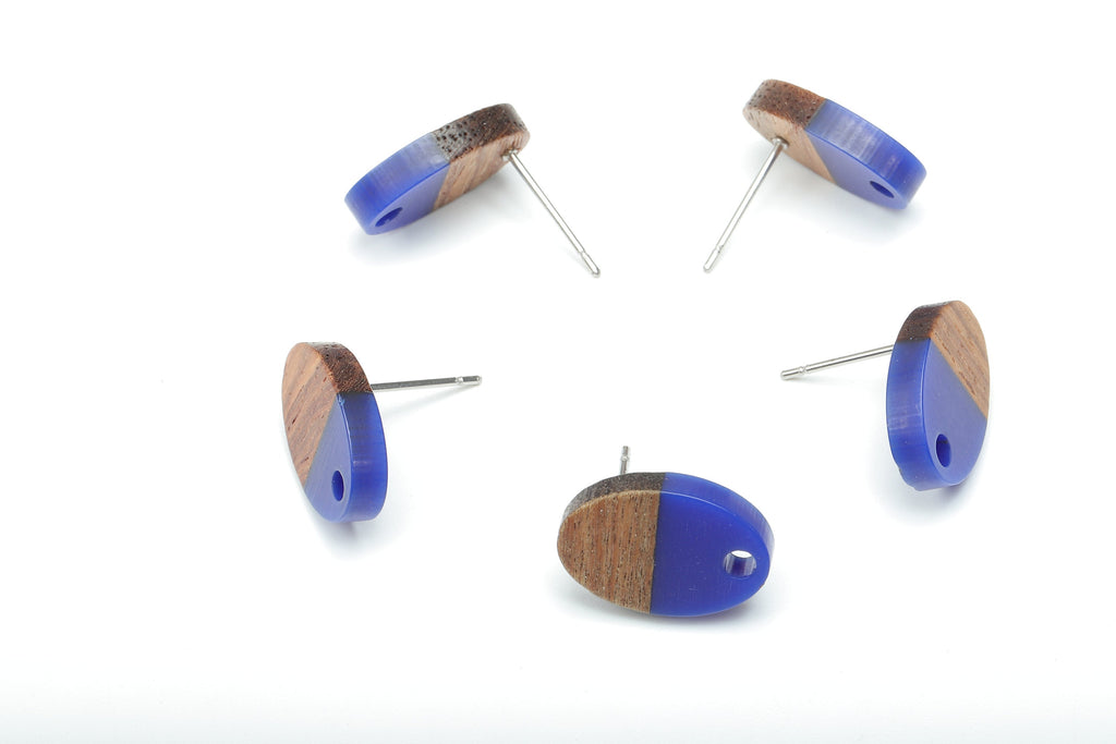 Natural Wooden Oval Earring Stud - Walnut Wood Dark Blue Resin Ellipse Earring Post - 316 Stainless Steel Stud - 15.6x10.23x2.42mm - BB1258K - DOMEDBAZAAR