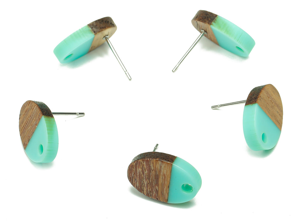 Natural Wooden Oval Earring Stud - Walnut Wood Aqua Resin Ellipse Earring Post - 316 Stainless Steel Stud - 15.6x10.23x2.42mm - BB1258N - DOMEDBAZAAR