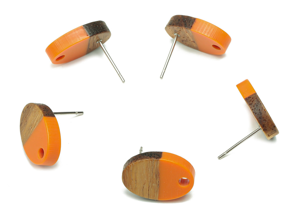 Natural Wooden Oval Earring Stud - Walnut Wood Orange Resin Ellipse Earring Post - 316 Stainless Steel Stud - 15.6x10.23x2.42mm - BB1258P - DOMEDBAZAAR