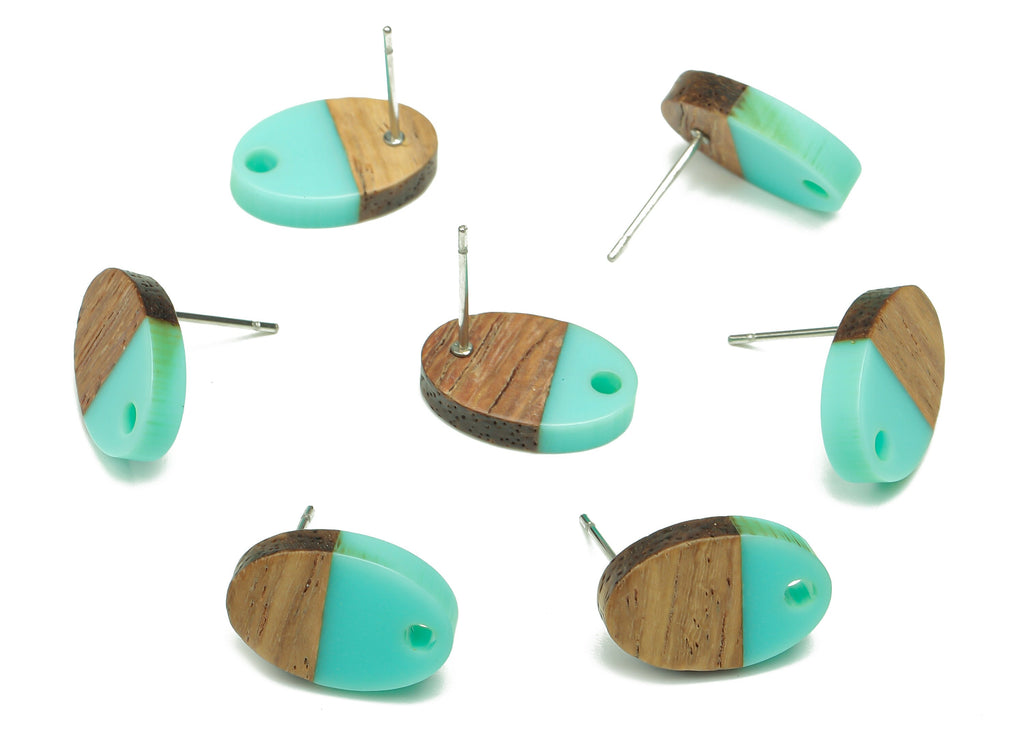 Natural Wooden Oval Earring Stud - Walnut Wood Aqua Resin Ellipse Earring Post - 316 Stainless Steel Stud - 15.6x10.23x2.42mm - BB1258N - DOMEDBAZAAR