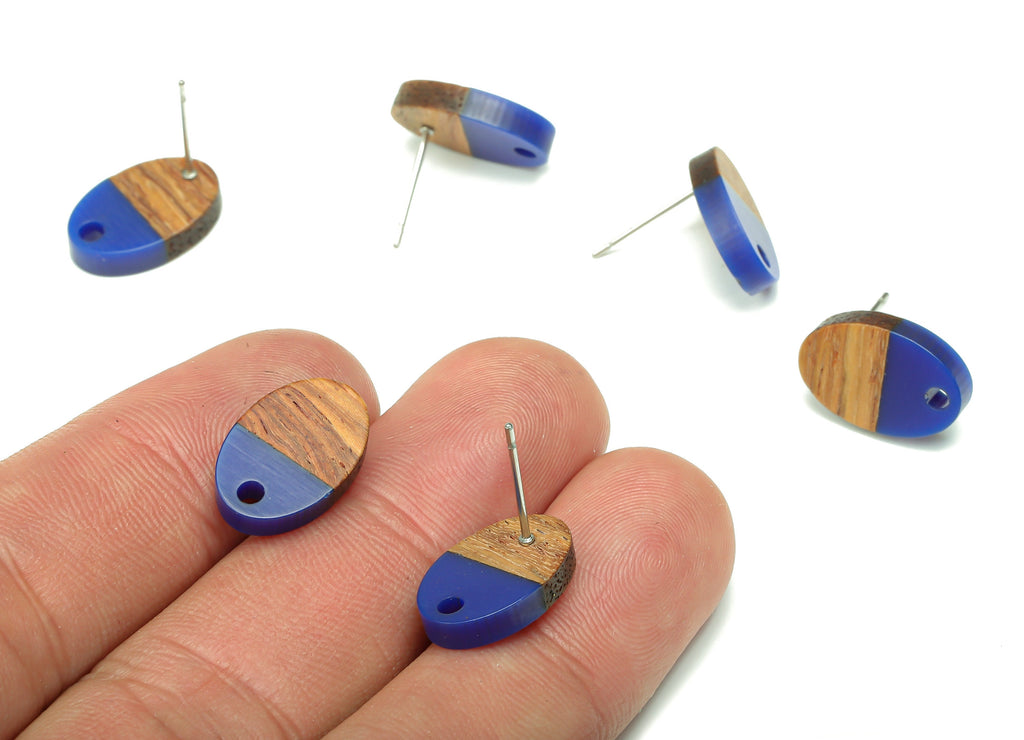 Natural Wooden Oval Earring Stud - Walnut Wood Dark Blue Resin Ellipse Earring Post - 316 Stainless Steel Stud - 15.6x10.23x2.42mm - BB1258K - DOMEDBAZAAR
