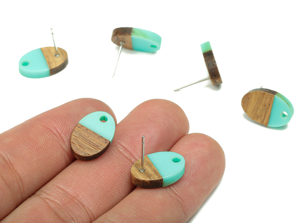 Natural Wooden Oval Earring Stud - Walnut Wood Aqua Resin Ellipse Earring Post - 316 Stainless Steel Stud - 15.6x10.23x2.42mm - BB1258N - DOMEDBAZAAR