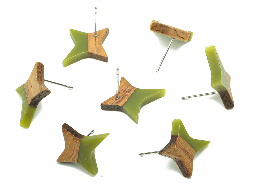 Natural Wooden North Star Earring - Walnut Wood Green Resin Four-Pointed Star Earring Post -316 Stainless Steel Stud-20.1x17.1x3.1mm-BB1259C - DOMEDBAZAAR