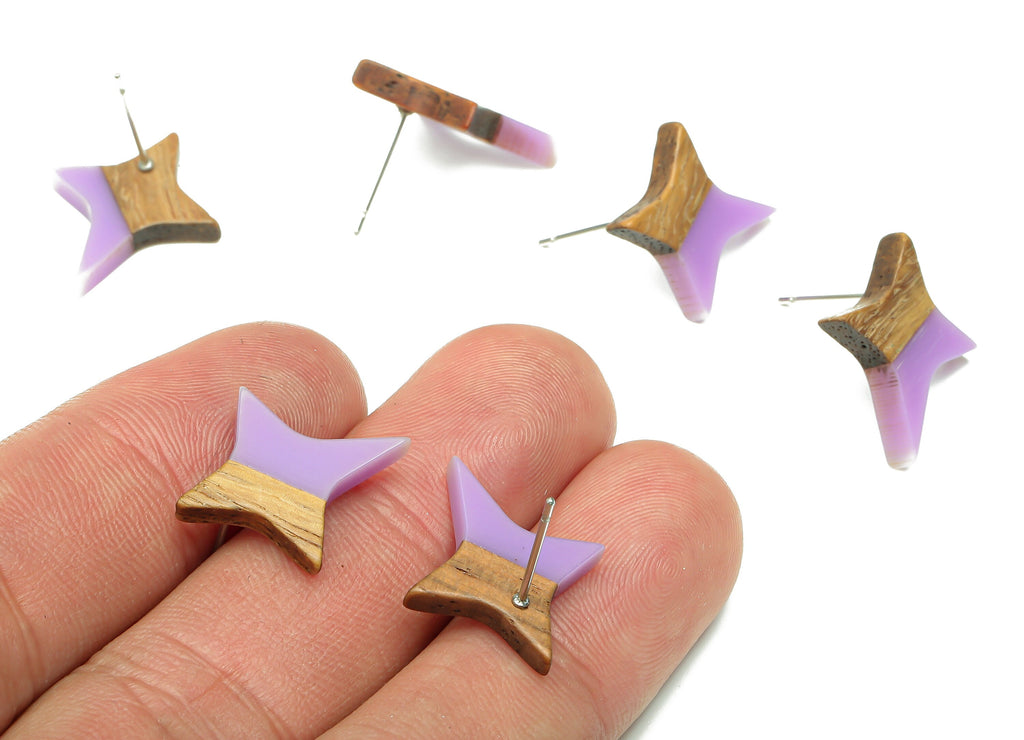 Natural Wooden North Star Earring - Walnut Wood Purple Resin Four-Pointed Star Earring Post-316 Stainless Steel Stud-20.1x17.1x3.1mm-BB1259E - DOMEDBAZAAR