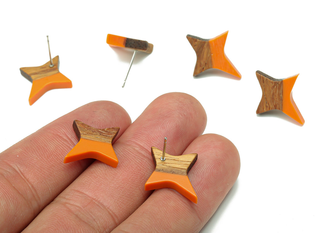 Natural Wooden North Star Earring - Walnut Wood Orange Resin Four-Pointed Star Earring Post-316 Stainless Steel Stud-20.1x17.1x3.1mm-BB1259F - DOMEDBAZAAR