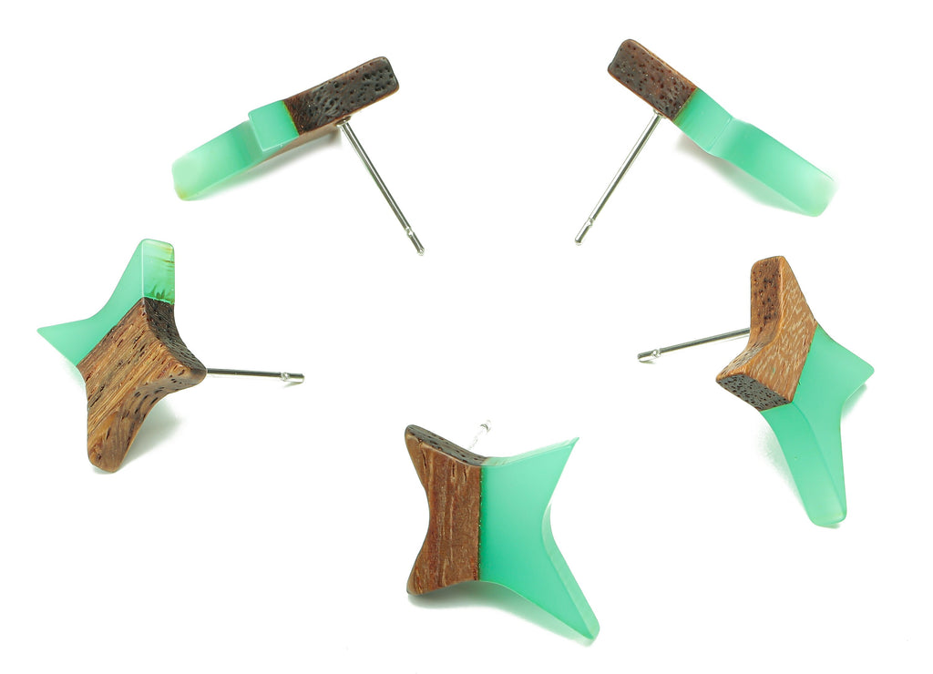 Natural Wooden North Star Earring - Walnut Wood Green Resin Four-Pointed Star Earring Post -316 Stainless Steel Stud-20.1x17.1x3.1mm-BB1259G - DOMEDBAZAAR