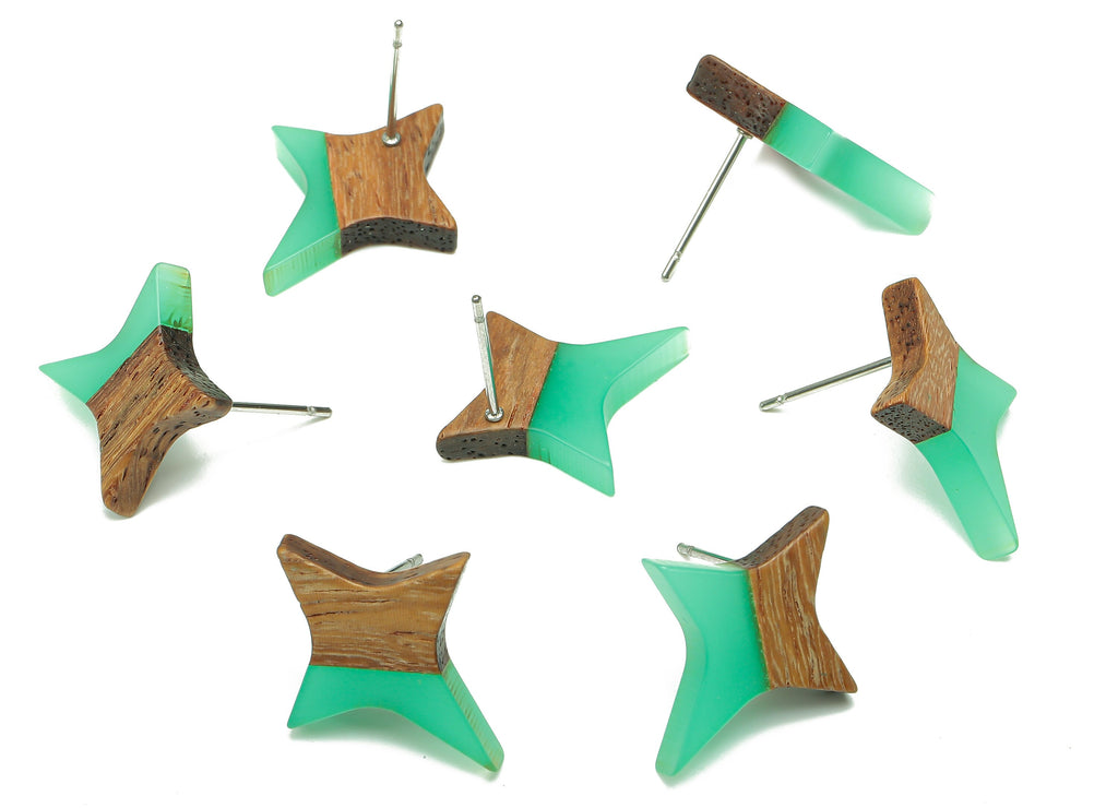 Natural Wooden North Star Earring - Walnut Wood Green Resin Four-Pointed Star Earring Post -316 Stainless Steel Stud-20.1x17.1x3.1mm-BB1259G - DOMEDBAZAAR