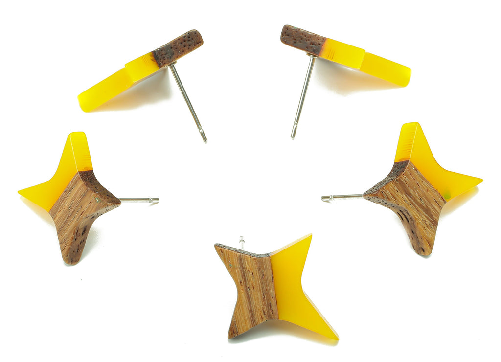 Natural Wooden North Star Earring - Walnut Wood Yellow Resin Four-Pointed Star Earring Post-316 Stainless Steel Stud-20.1x17.1x3.1mm-BB1259J - DOMEDBAZAAR
