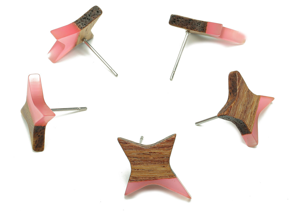 Natural Wooden North Star Earring - Walnut Wood Red Resin Four-Pointed Star Earring Post - 316 Stainless Steel Stud -20.1x17.1x3.1mm-BB1259K - DOMEDBAZAAR