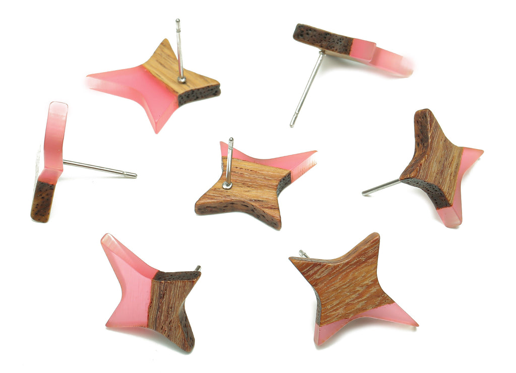 Natural Wooden North Star Earring - Walnut Wood Red Resin Four-Pointed Star Earring Post - 316 Stainless Steel Stud -20.1x17.1x3.1mm-BB1259K - DOMEDBAZAAR