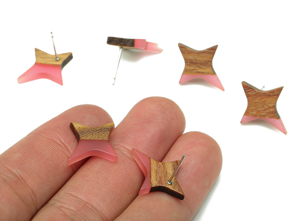 Natural Wooden North Star Earring - Walnut Wood Red Resin Four-Pointed Star Earring Post - 316 Stainless Steel Stud -20.1x17.1x3.1mm-BB1259K - DOMEDBAZAAR
