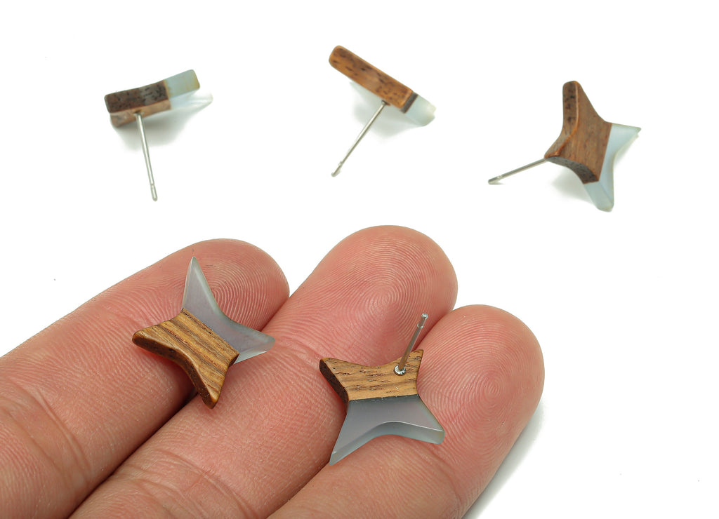 Natural Wooden North Star Earring - Walnut Wood Light Blue Resin Four-Pointed Star Post - 316 Stainless Steel Stud -20.1x17.1x3.1mm-BB1259L - DOMEDBAZAAR