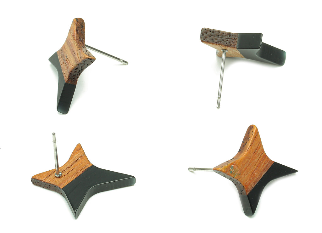 Natural Wooden North Star Earring - Walnut Wood Black Resin Four-Pointed Star Earring Post -316 Stainless Steel Stud-20.1x17.1x3.1mm-BB1259M - DOMEDBAZAAR
