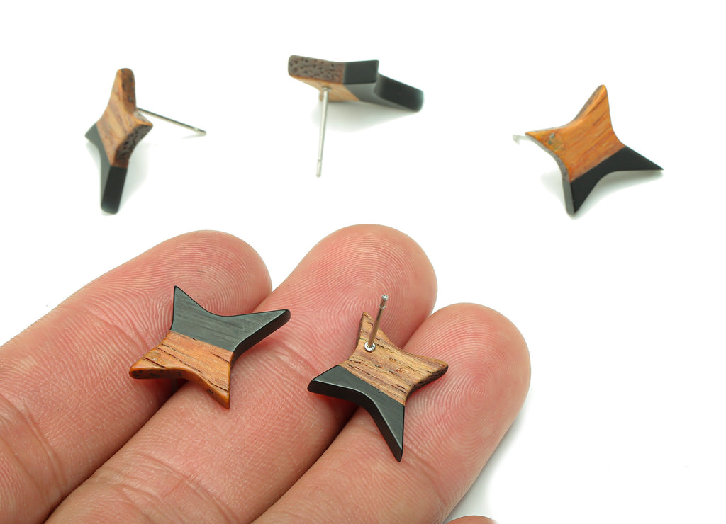 Natural Wooden North Star Earring - Walnut Wood Black Resin Four-Pointed Star Earring Post -316 Stainless Steel Stud-20.1x17.1x3.1mm-BB1259M - DOMEDBAZAAR