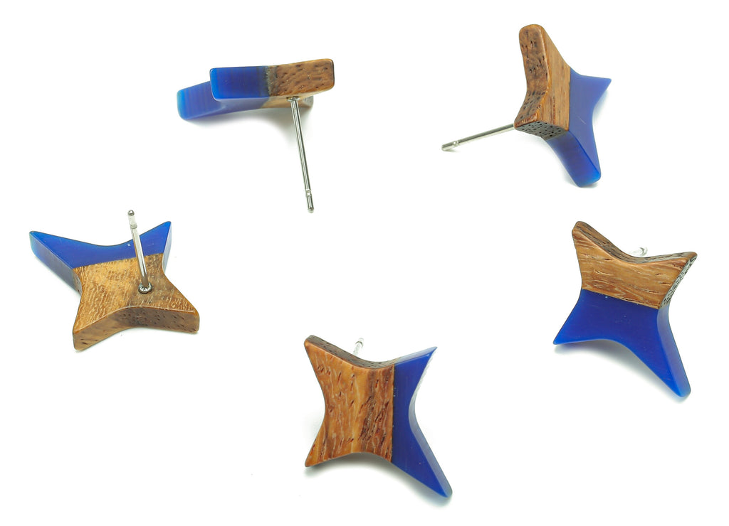 Natural Wooden North Star Earring - Walnut Wood Blue Resin Four-Pointed Star Earring Post - 316 Stainless Steel Stud-20.1x17.1x3.1mm-BB1259N - DOMEDBAZAAR