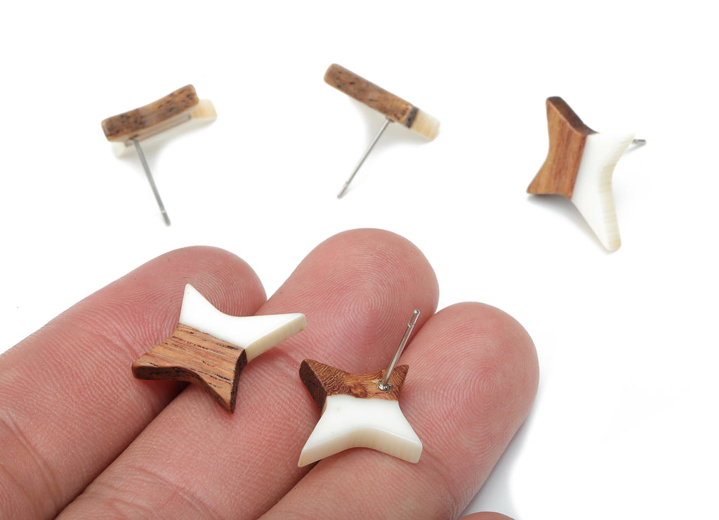 Natural Wooden North Star Earring - Walnut Wood White Resin Four-Pointed Star Earring Post -316 Stainless Steel Stud-20.1x17.1x3.1mm-BB1259R - DOMEDBAZAAR