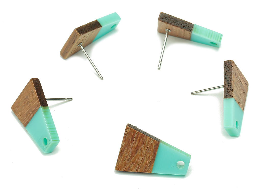 Natural Wooden Trapezoid Earring Stud - Walnut Wood Aqua Resin Earring Post - 316 Stainless Steel Stud - 17.86x12.37x2.5mm - BB1260A - DOMEDBAZAAR