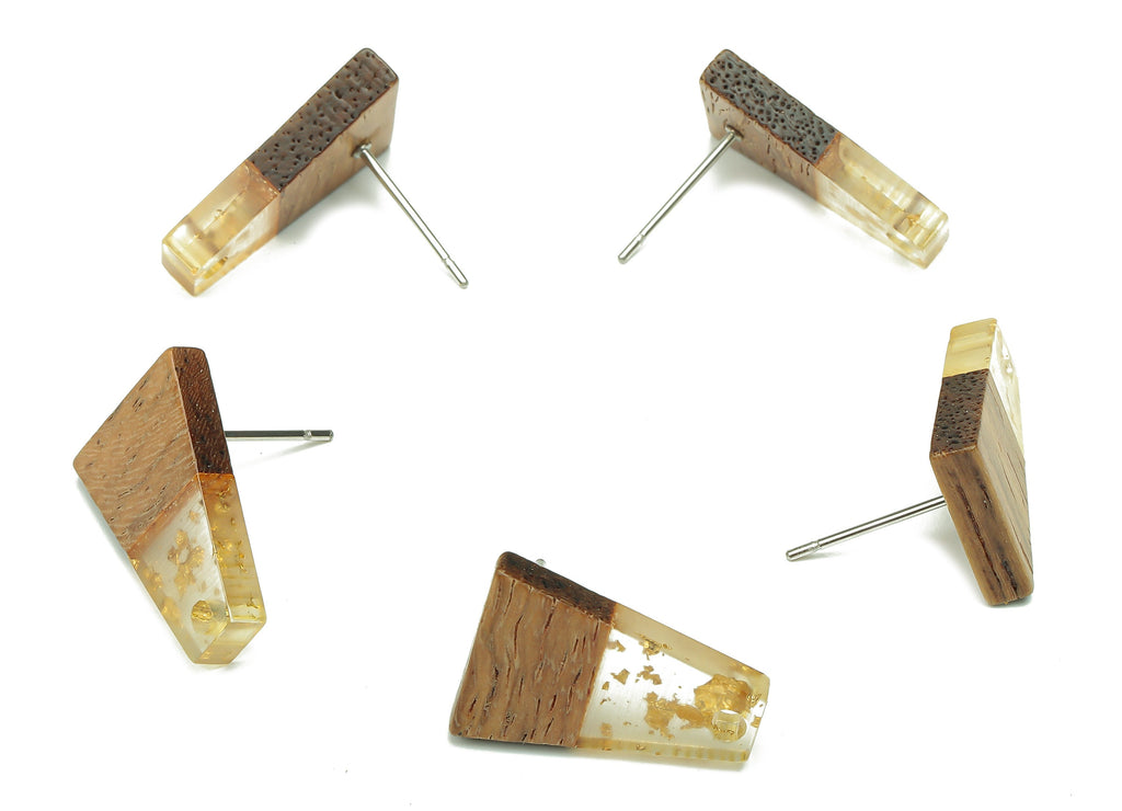Natural Wooden Trapezoid Earring Stud - Walnut Wood Gold Foil Clear Resin Earring Post - 316 Stainless Steel Stud - 17.9x12.4x2.5mm -BB1260C - DOMEDBAZAAR