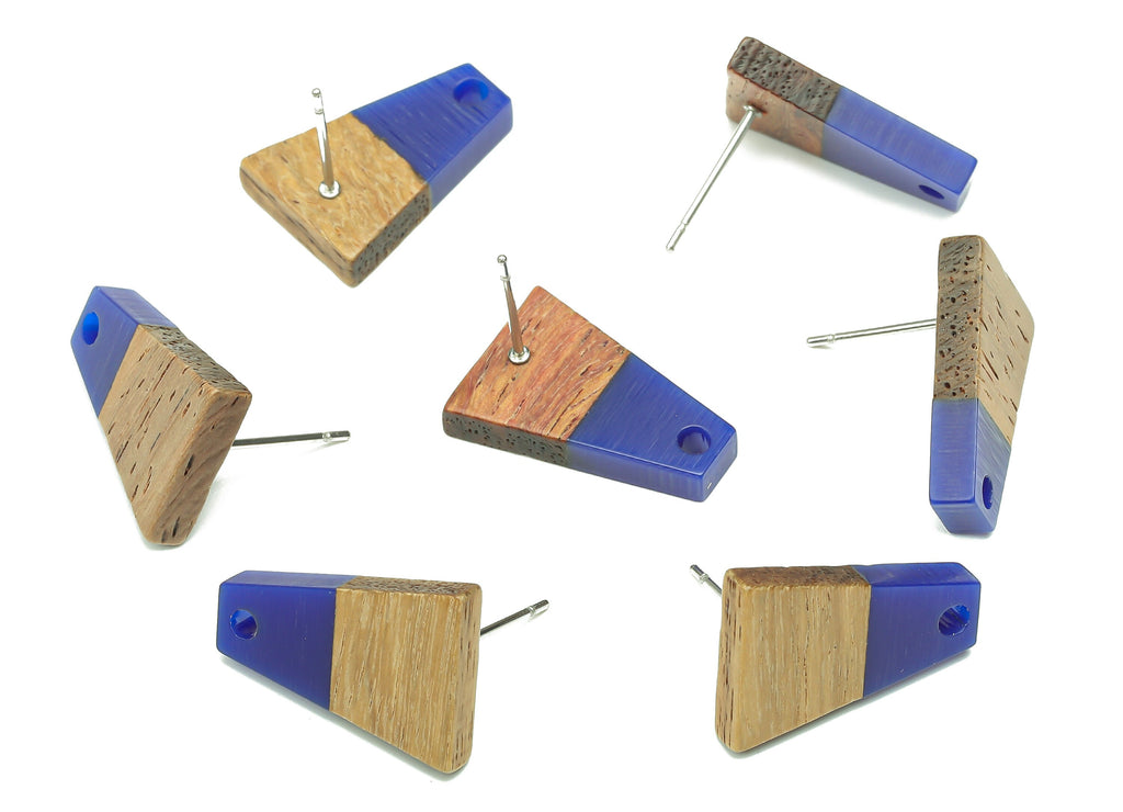 Natural Wooden Trapezoid Earring Stud - Walnut Wood Dark Blue Resin Earring Post - 316 Stainless Steel Stud - 17.86x12.37x2.5mm - BB1260D - DOMEDBAZAAR