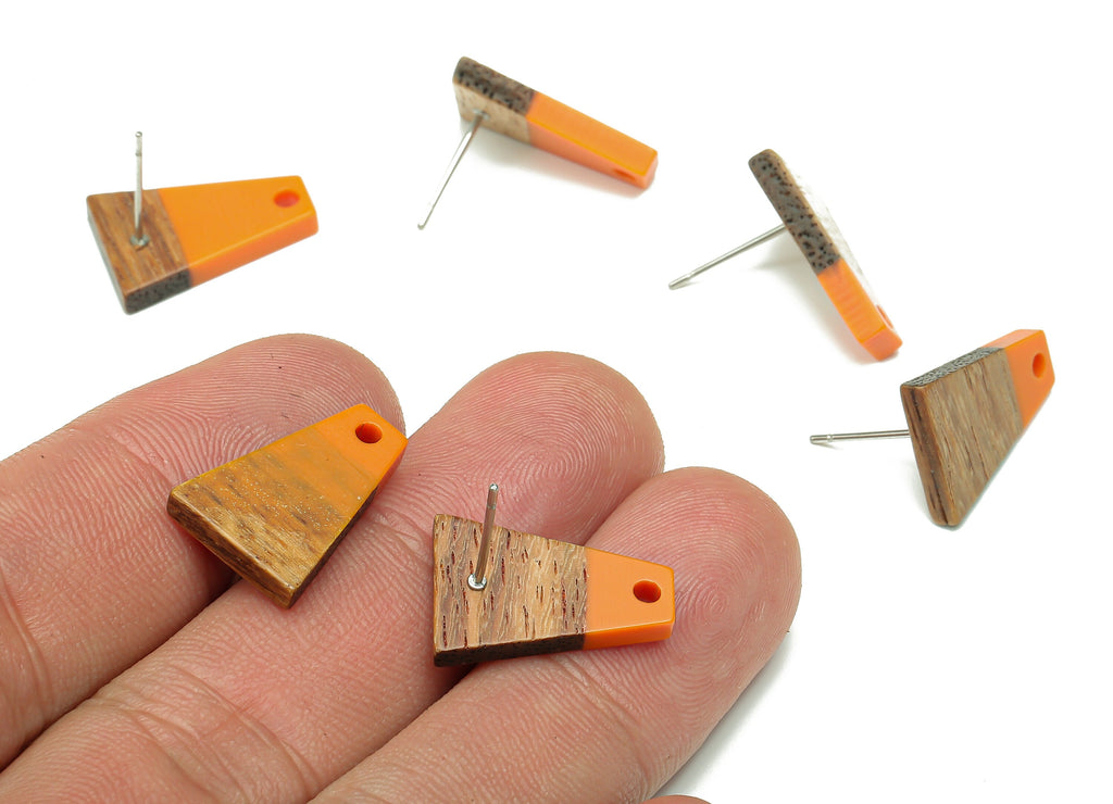 Natural Wooden Trapezoid Earring Stud - Walnut Wood Orange Resin Earring Post - 316 Stainless Steel Stud - 17.86x12.37x2.5mm - BB1260E - DOMEDBAZAAR