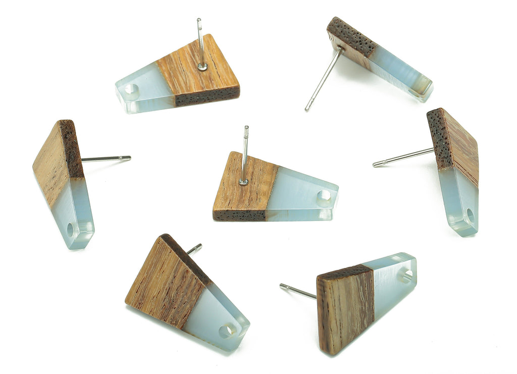 Natural Wooden Trapezoid Earring Stud - Walnut Wood Light Blue Resin Earring Post - 316 Stainless Steel Stud - 17.86x12.37x2.5mm - BB1260F - DOMEDBAZAAR