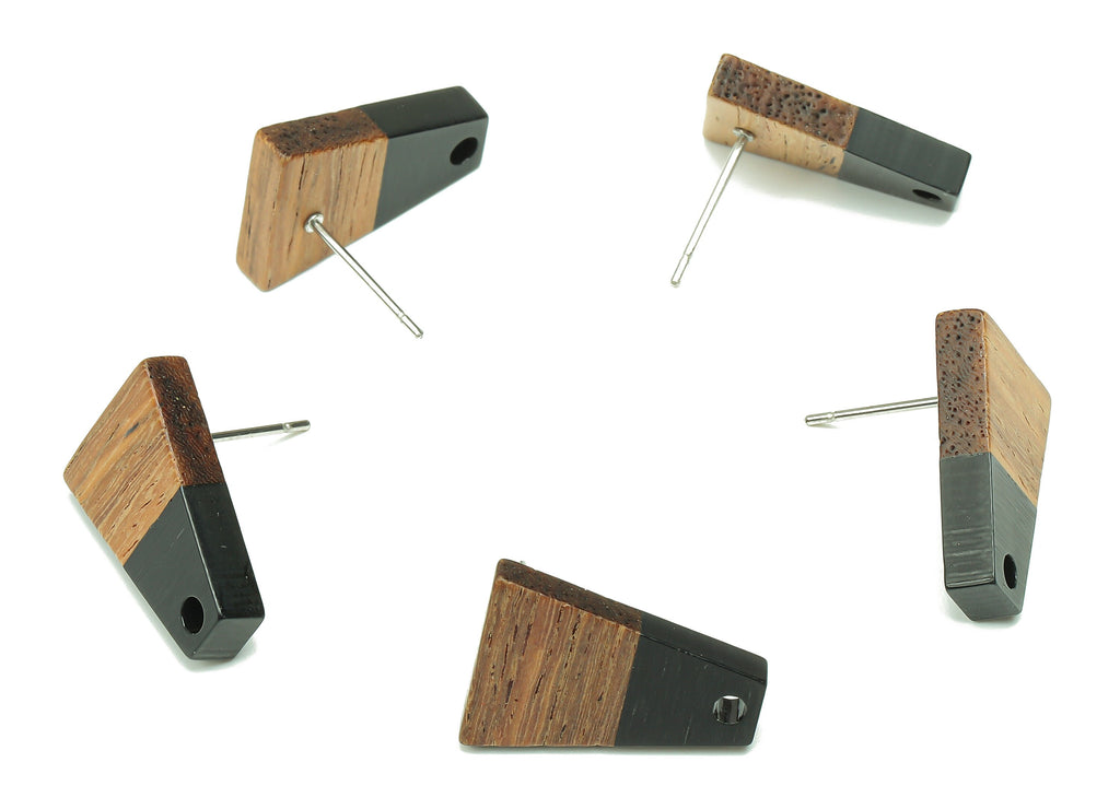 Natural Wooden Trapezoid Earring Stud - Walnut Wood Black Resin Earring Post - 316 Stainless Steel Stud - 17.86x12.37x2.5mm - BB1260G - DOMEDBAZAAR
