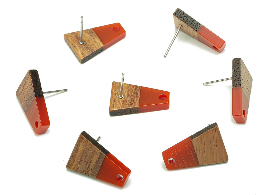 Natural Wooden Trapezoid Earring Stud - Walnut Wood Red Resin Earring Post - 316 Stainless Steel Stud - 17.86x12.37x2.5mm - BB1260H - DOMEDBAZAAR