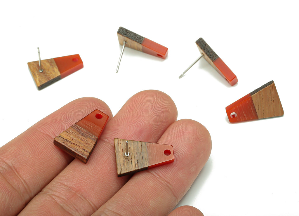 Natural Wooden Trapezoid Earring Stud - Walnut Wood Red Resin Earring Post - 316 Stainless Steel Stud - 17.86x12.37x2.5mm - BB1260H - DOMEDBAZAAR
