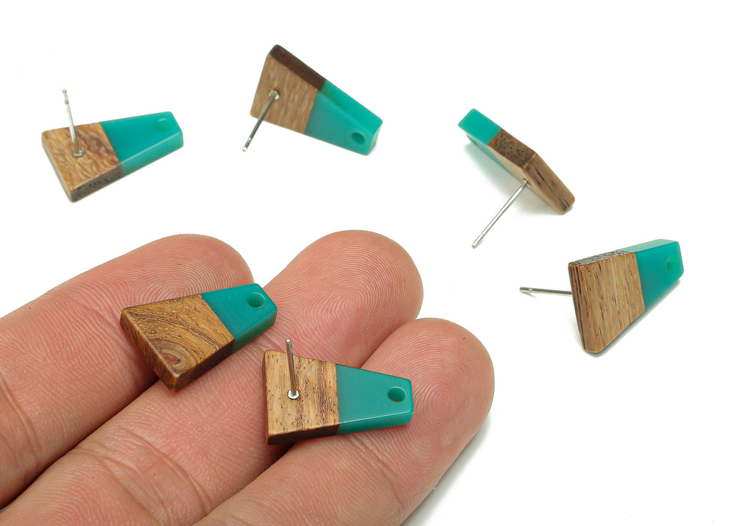 Natural Wooden Trapezoid Earring Stud - Walnut Wood Petrol Resin Earring Post - 316 Stainless Steel Stud - 17.86x12.37x2.5mm - BB1260J - DOMEDBAZAAR