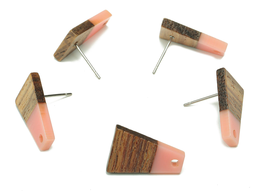 Natural Wooden Trapezoid Earring Stud - Walnut Wood Pink Resin Earring Post - 316 Stainless Steel Stud - 17.86x12.37x2.5mm - BB1260L - DOMEDBAZAAR