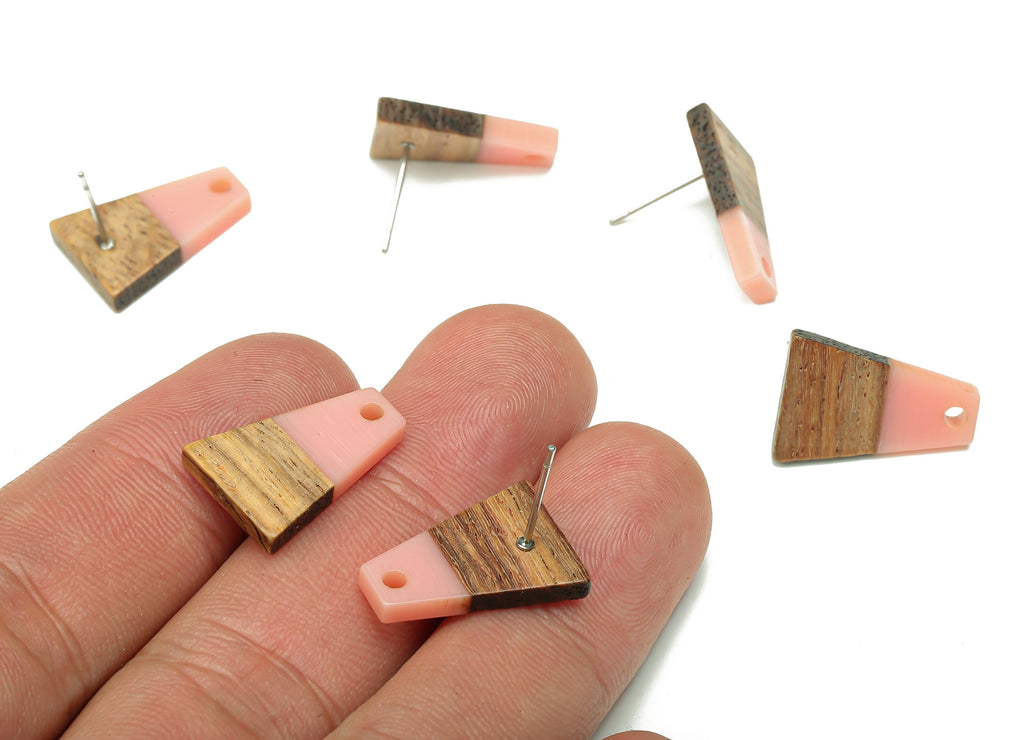 Natural Wooden Trapezoid Earring Stud - Walnut Wood Pink Resin Earring Post - 316 Stainless Steel Stud - 17.86x12.37x2.5mm - BB1260L - DOMEDBAZAAR