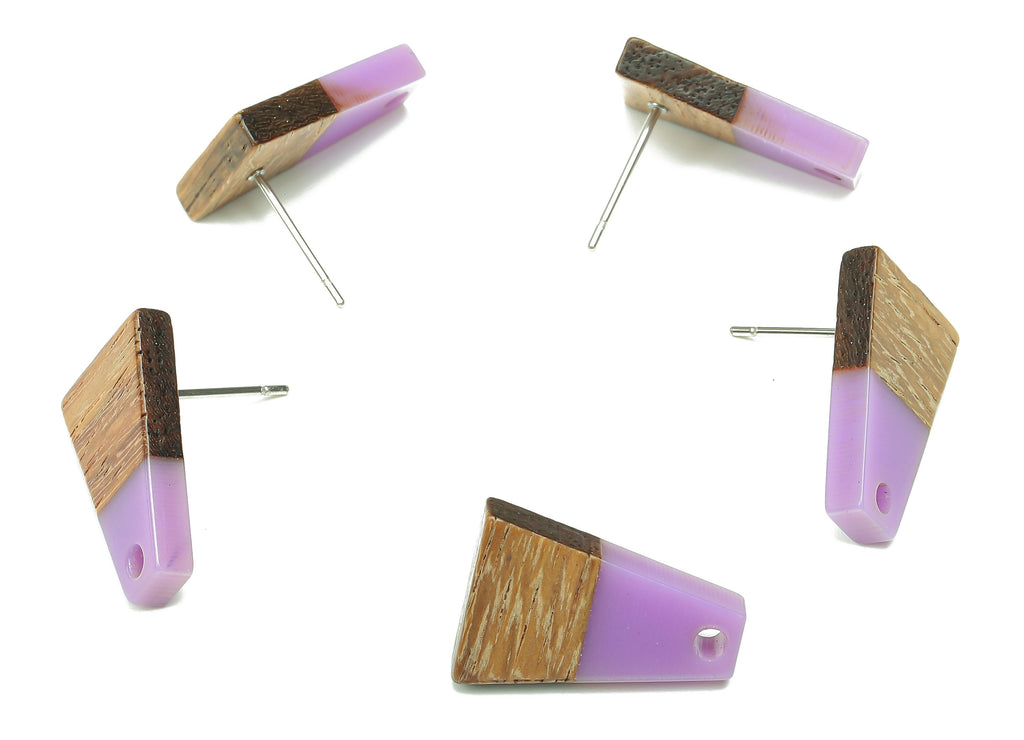 Natural Wooden Trapezoid Earring Stud - Walnut Wood Purple Resin Earring Post - 316 Stainless Steel Stud - 17.86x12.37x2.5mm - BB1260M - DOMEDBAZAAR