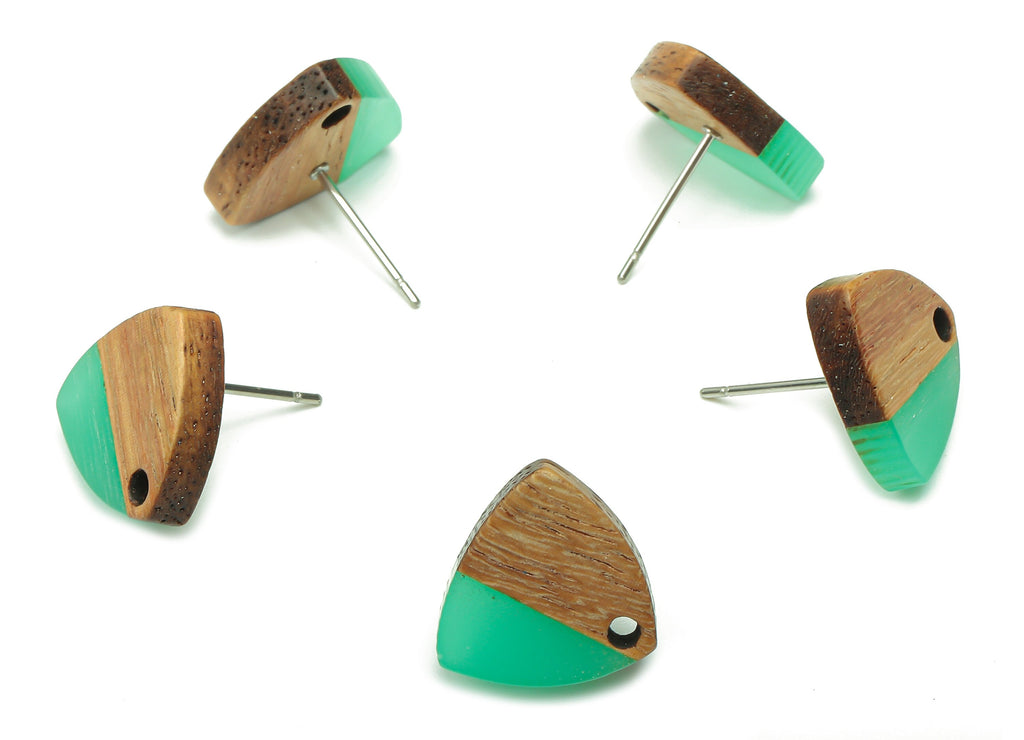 Natural Wooden Shield Earring Stud - Walnut Wood Light Green Resin Earring Post - 316 Stainless Steel Stud - 14.1x13.1x3.6mm - BB1263A - DOMEDBAZAAR