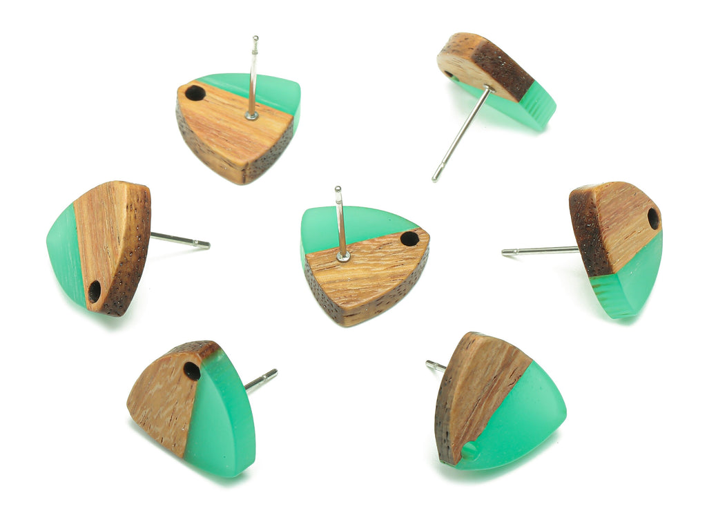 Natural Wooden Shield Earring Stud - Walnut Wood Light Green Resin Earring Post - 316 Stainless Steel Stud - 14.1x13.1x3.6mm - BB1263A - DOMEDBAZAAR