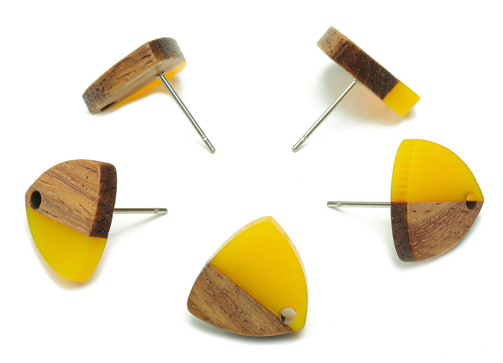 Natural Wooden Shield Earring Stud - Walnut Wood Yellow Resin Earring Post - 316 Stainless Steel Stud - 14.1x13.1x3.6mm - BB1263B - DOMEDBAZAAR