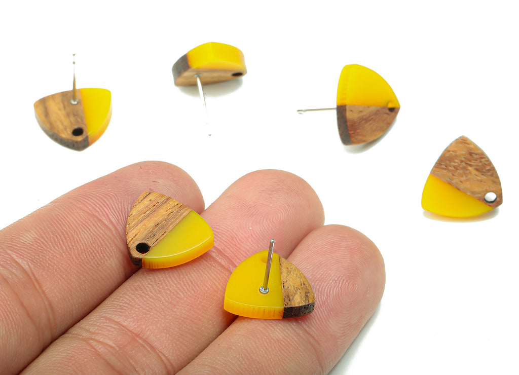 Natural Wooden Shield Earring Stud - Walnut Wood Yellow Resin Earring Post - 316 Stainless Steel Stud - 14.1x13.1x3.6mm - BB1263B - DOMEDBAZAAR