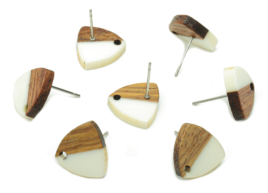 Natural Wooden Shield Earring Stud - Walnut Wood White Resin Earring Post - 316 Stainless Steel Stud - 14.1x13.1x3.6mm - BB1263D - DOMEDBAZAAR