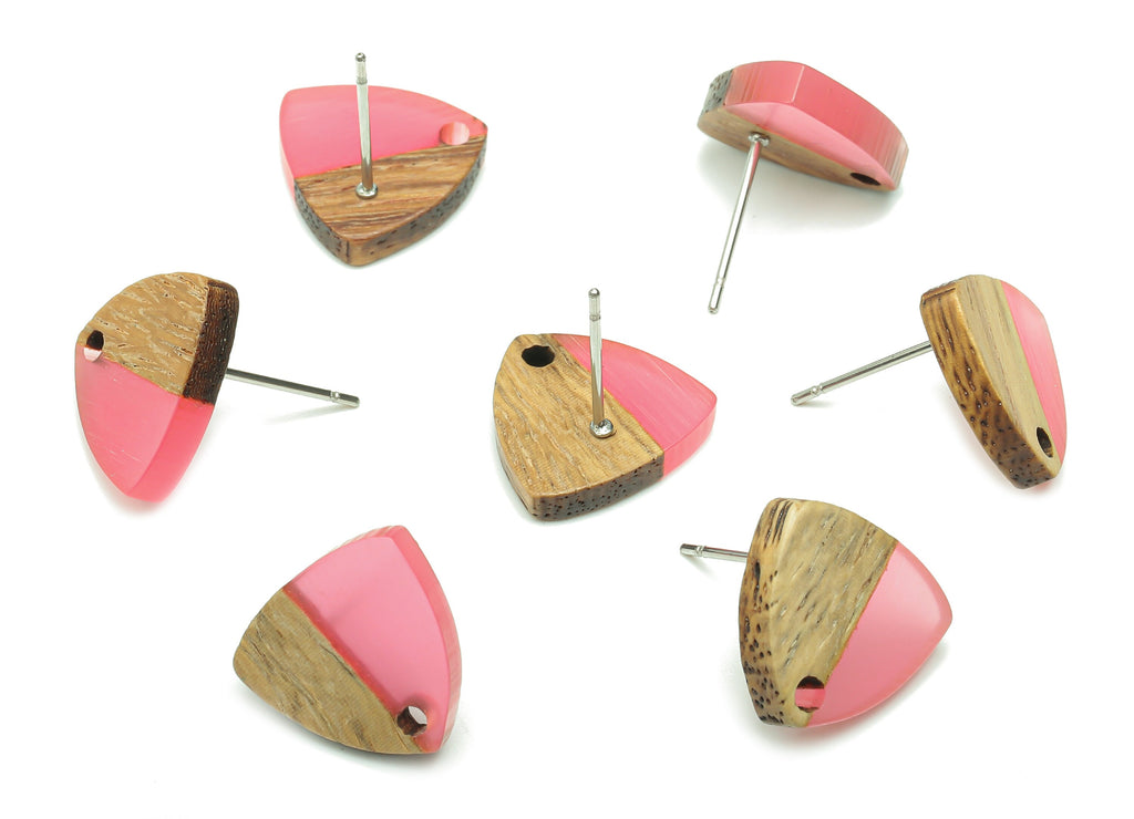 Natural Wooden Shield Earring Stud - Walnut Wood Light Red Resin Earring Post - 316 Stainless Steel Stud - 14.1x13.1x3.6mm - BB1263E - DOMEDBAZAAR