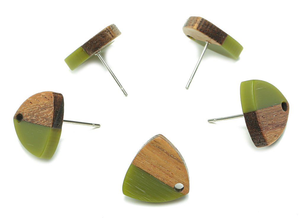 Natural Wooden Shield Earring Stud - Walnut Wood Green Resin Earring Post - 316 Stainless Steel Stud - 14.1x13.1x3.6mm - BB1263H - DOMEDBAZAAR