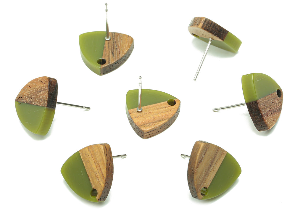 Natural Wooden Shield Earring Stud - Walnut Wood Green Resin Earring Post - 316 Stainless Steel Stud - 14.1x13.1x3.6mm - BB1263H - DOMEDBAZAAR