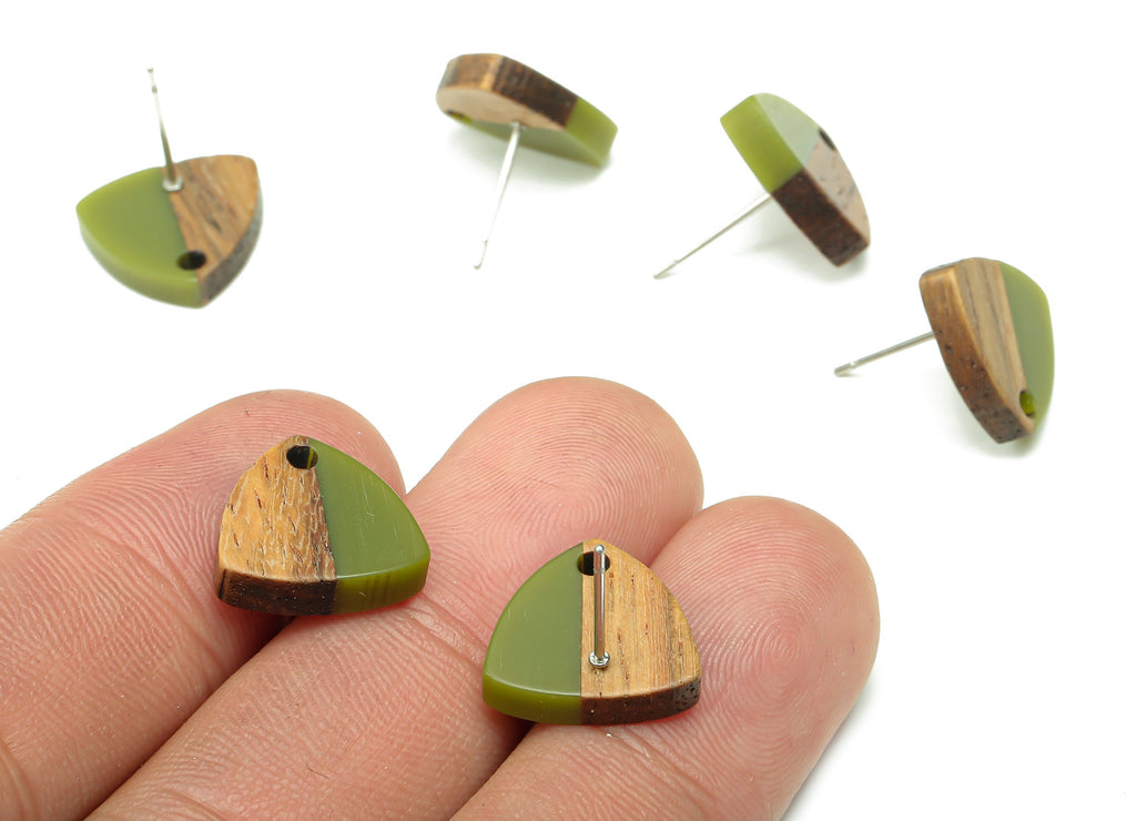 Natural Wooden Shield Earring Stud - Walnut Wood Green Resin Earring Post - 316 Stainless Steel Stud - 14.1x13.1x3.6mm - BB1263H - DOMEDBAZAAR