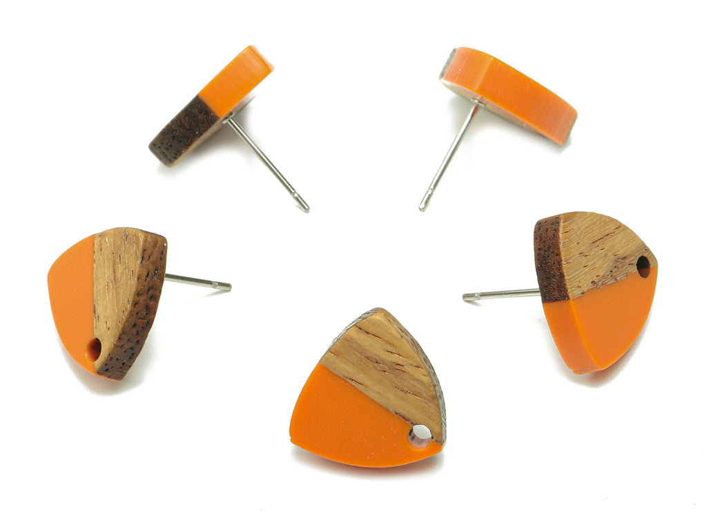 Natural Wooden Shield Earring Stud - Walnut Wood Orange Resin Earring Post - 316 Stainless Steel Stud - 14.1x13.1x3.6mm - BB1263K - DOMEDBAZAAR