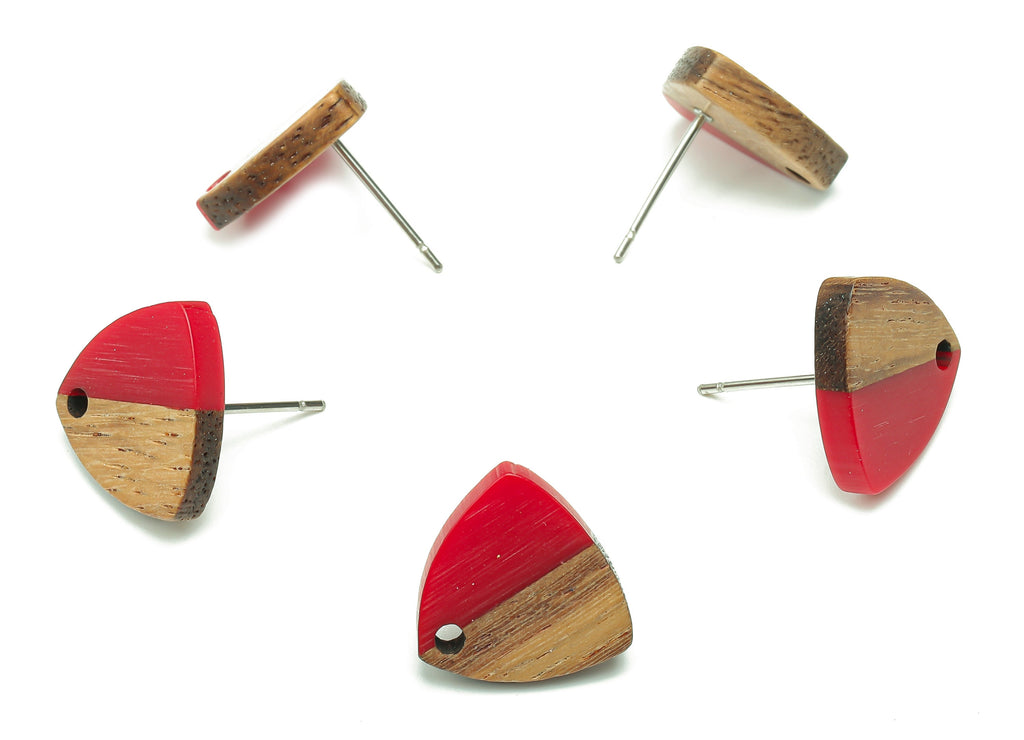 Natural Wooden Shield Earring Stud - Walnut Wood Red Resin Earring Post - 316 Stainless Steel Stud - 14.1x13.1x3.6mm - BB1263L - DOMEDBAZAAR