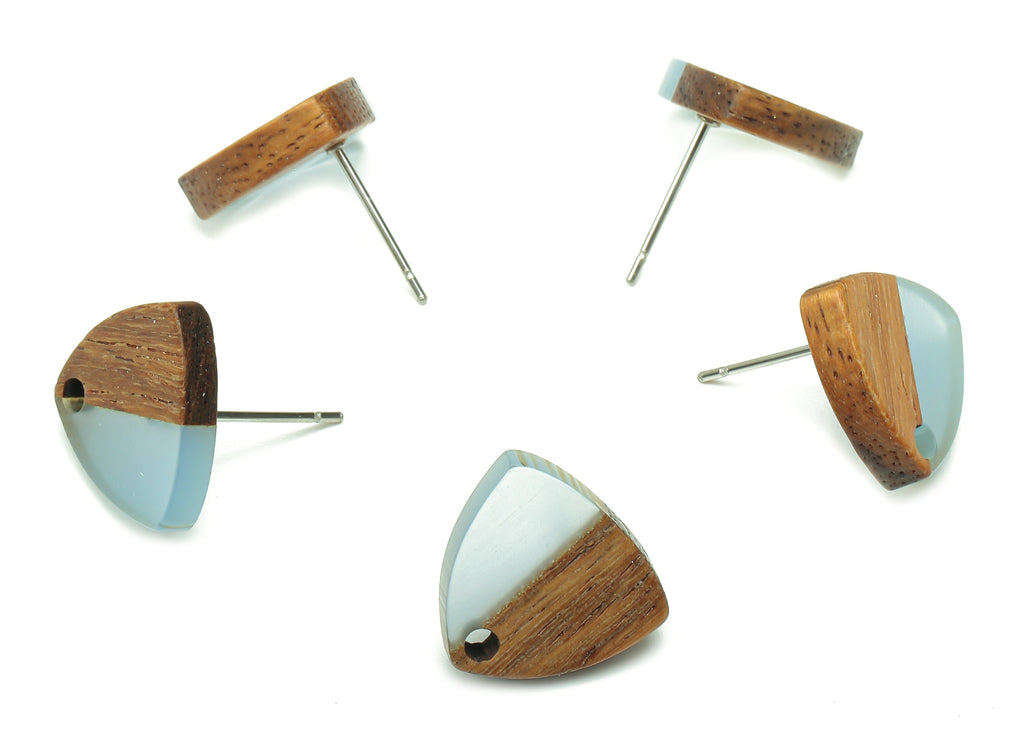 Natural Wooden Shield Earring Stud - Walnut Wood Light Blue Resin Earring Post - 316 Stainless Steel Stud - 14.1x13.1x3.6mm - BB1263M - DOMEDBAZAAR