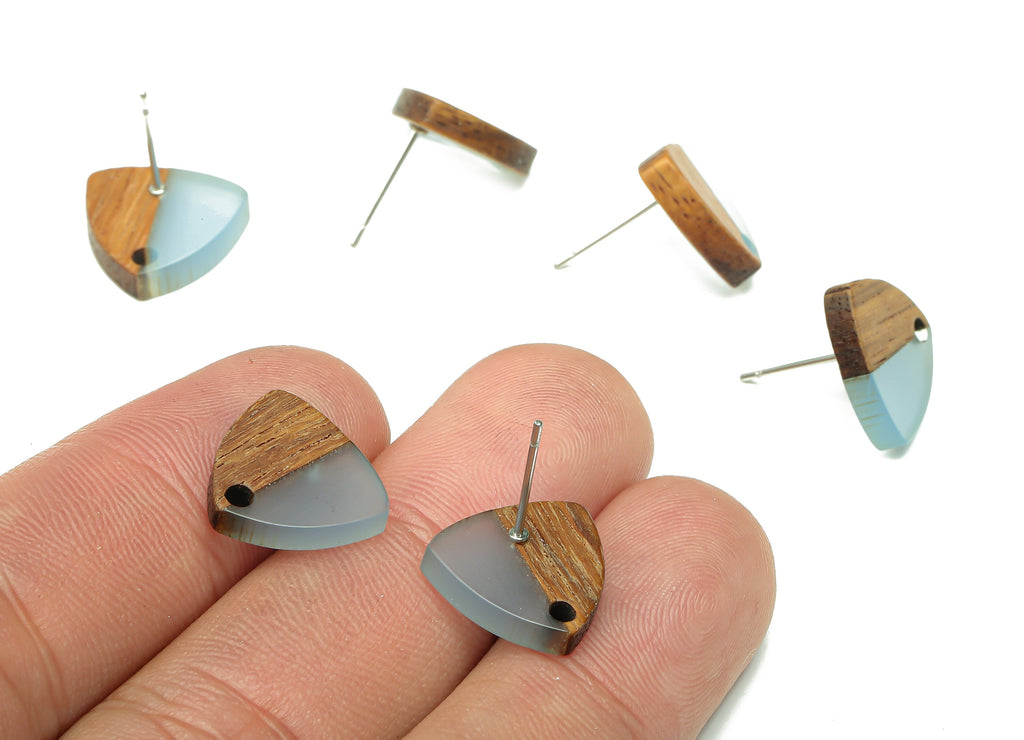 Natural Wooden Shield Earring Stud - Walnut Wood Light Blue Resin Earring Post - 316 Stainless Steel Stud - 14.1x13.1x3.6mm - BB1263M - DOMEDBAZAAR