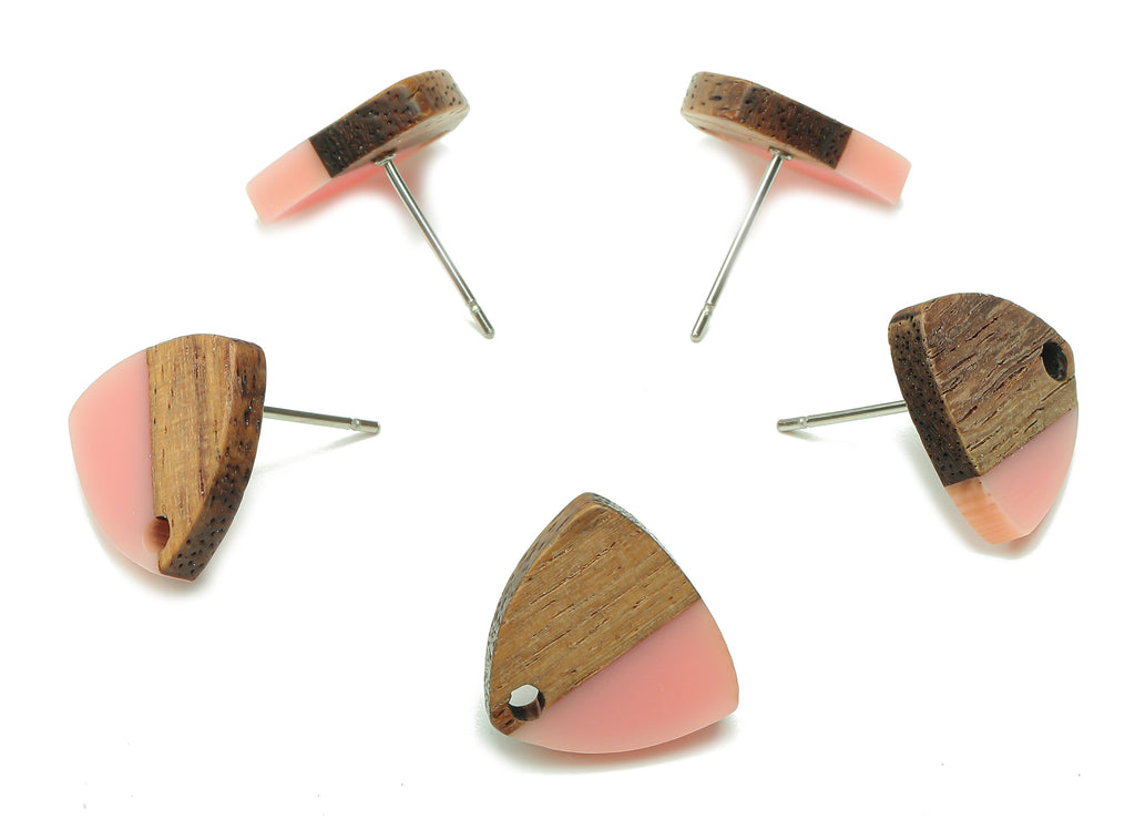 Natural Wooden Shield Earring Stud - Walnut Wood Pink Resin Earring Post - 316 Stainless Steel Stud - 14.1x13.1x3.6mm - BB1263N - DOMEDBAZAAR
