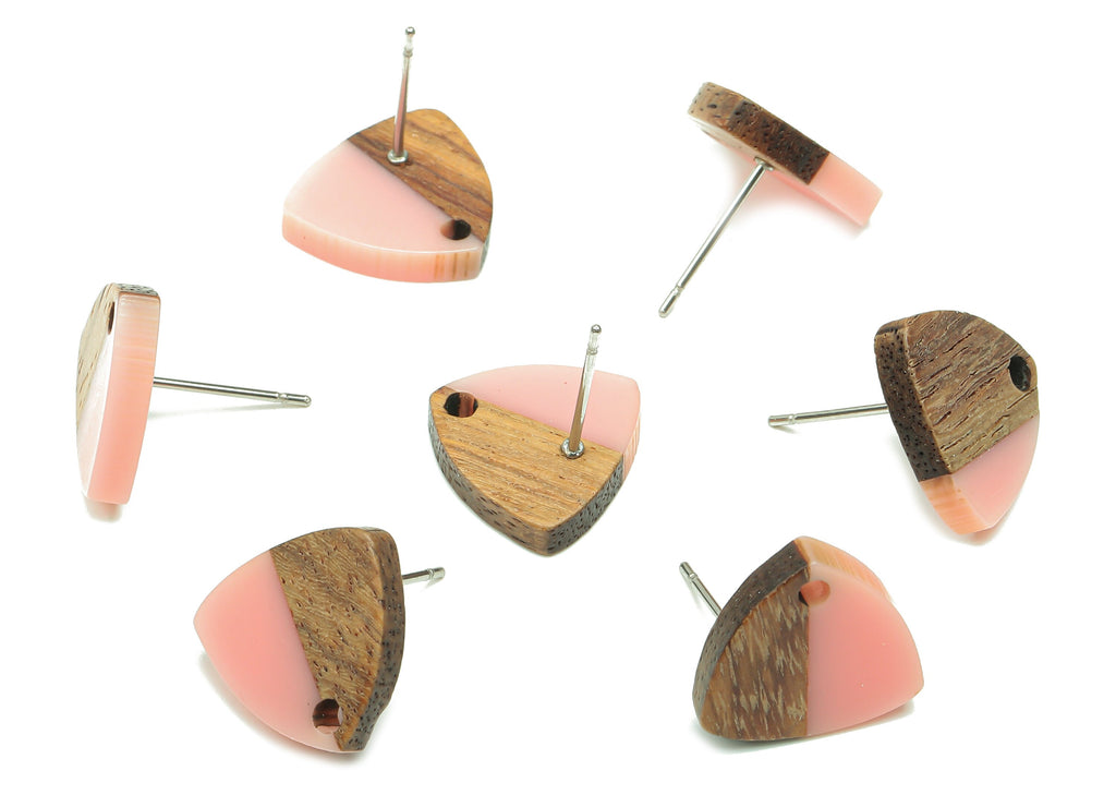 Natural Wooden Shield Earring Stud - Walnut Wood Pink Resin Earring Post - 316 Stainless Steel Stud - 14.1x13.1x3.6mm - BB1263N - DOMEDBAZAAR