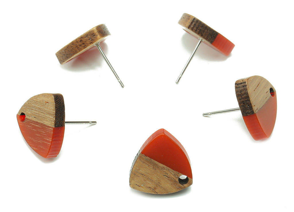 Natural Wooden Shield Earring Stud - Walnut Wood Red Resin Earring Post - 316 Stainless Steel Stud - 14.1x13.1x3.6mm - BB1263P - DOMEDBAZAAR