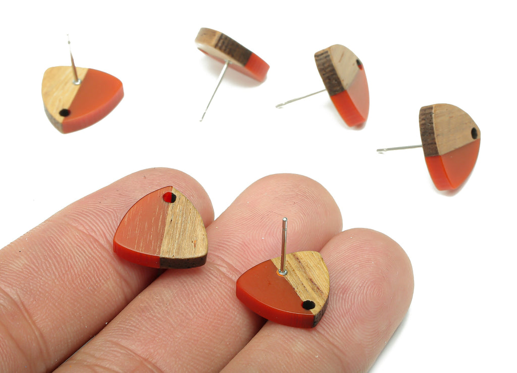 Natural Wooden Shield Earring Stud - Walnut Wood Red Resin Earring Post - 316 Stainless Steel Stud - 14.1x13.1x3.6mm - BB1263P - DOMEDBAZAAR